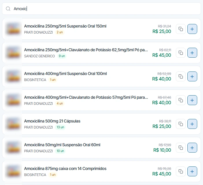 Busca de produtos com resultados mostrando nome, marca, preço e quantidade disponível
