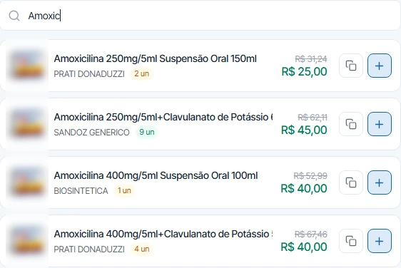 Resultados da busca com nome do produto, quantidade disponível e preço