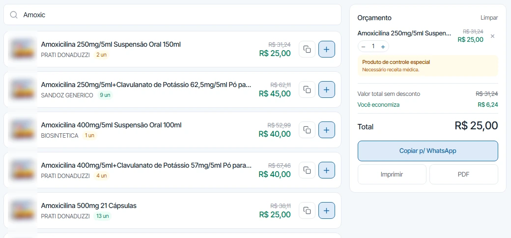 Orçamento com um produto adicionado, quantidade, total e os botões Copiar para WhatsApp, Imprimir e PDF