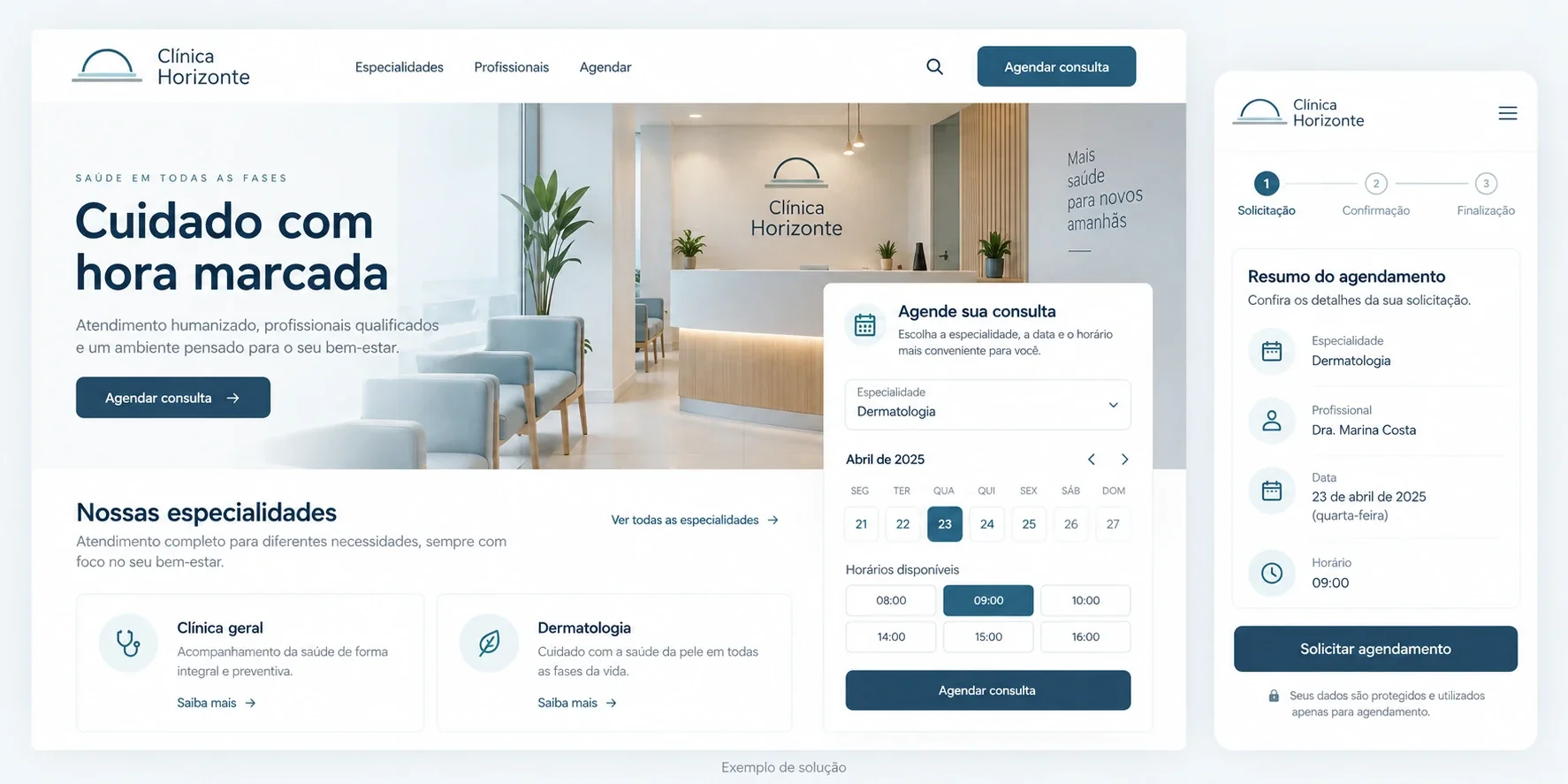 Exemplo ilustrativo de site para clínicas e consultórios, em computador e celular
