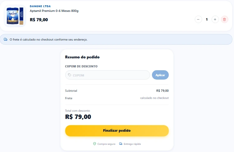 Carrinho com produto, quantidade e resumo do pedido