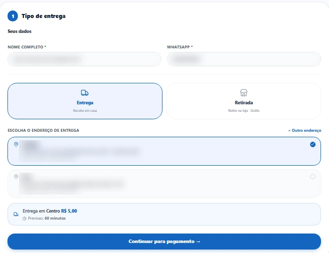 Escolha entre entrega e retirada, endereço e taxa de entrega