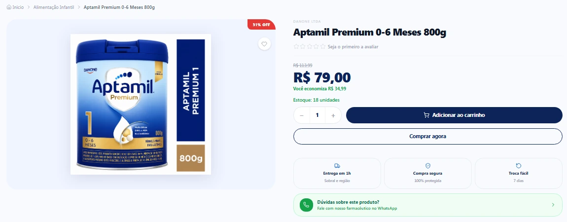 Página de produto com foto, preço, desconto, estoque, botões de adicionar ao carrinho e comprar agora