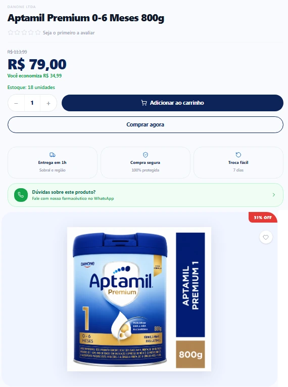 Página de produto com preço, estoque e botões de compra
